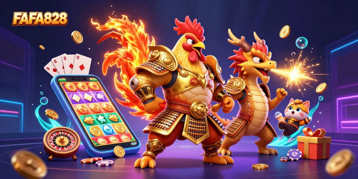 Experience the excitement of FAFA828 with a stunning 3D illustration featuring action-packed casino elements.