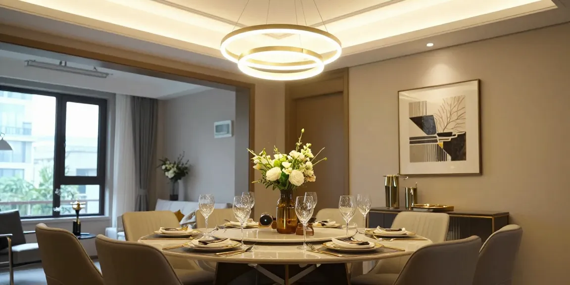 Candelabru elegant în sufrageria modernă, oferind atmosferă rafinată și iluminare optimă.