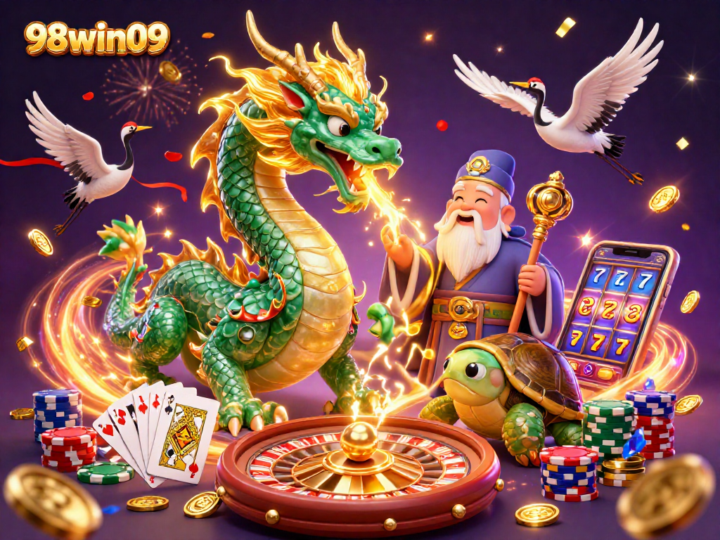Win big with 98win09 in this vibrant casino scene featuring dragons, lucky cranes, and sparkling treasures.