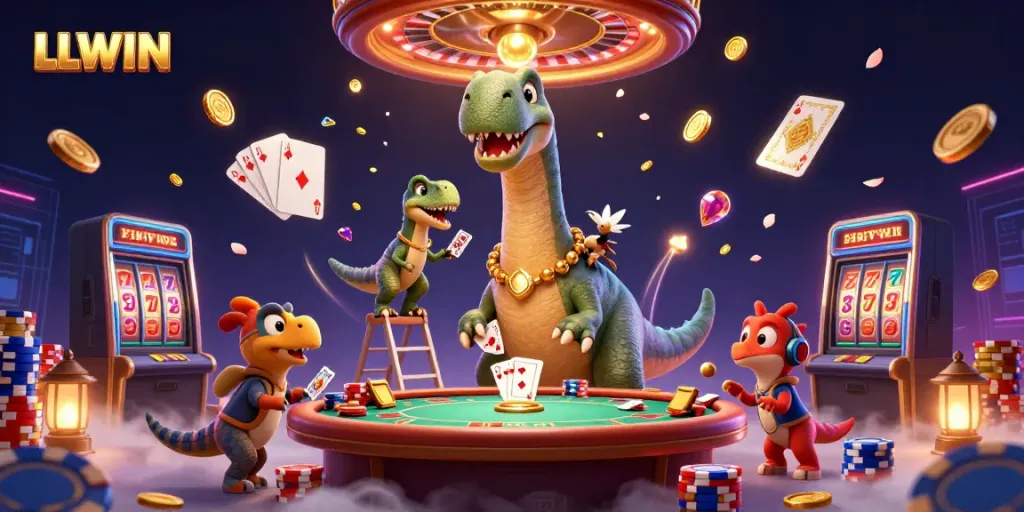LLWIN showcases a thrilling casino scene featuring a giant brontosaurus, with vibrant gems and golden coins.
