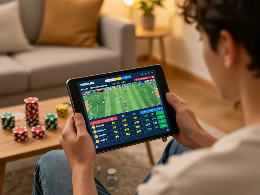 Engaging home sports betting with O8 com on a tablet showing live odds.