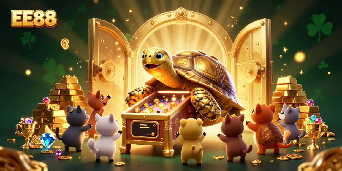 Experience exciting gaming at EE88 with a vibrant illustration featuring a golden tortoise pinball machine.