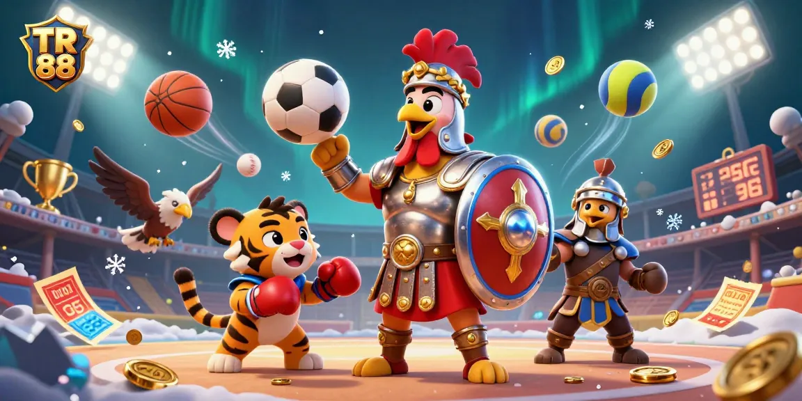 Experience exciting gameplay at TR 88 with an energetic scene of a rooster, tiger cub, and eagle among sports elements.