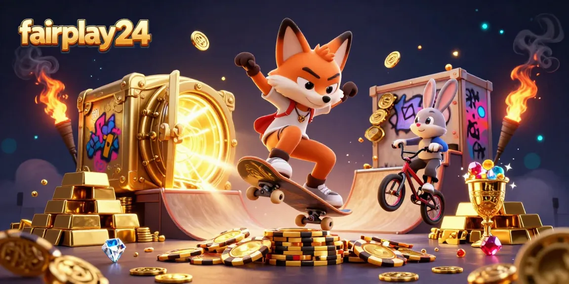 Experience thrilling action with fairplay24 as a skateboarder fox and BMX rabbit perform tricks amidst shining riches.