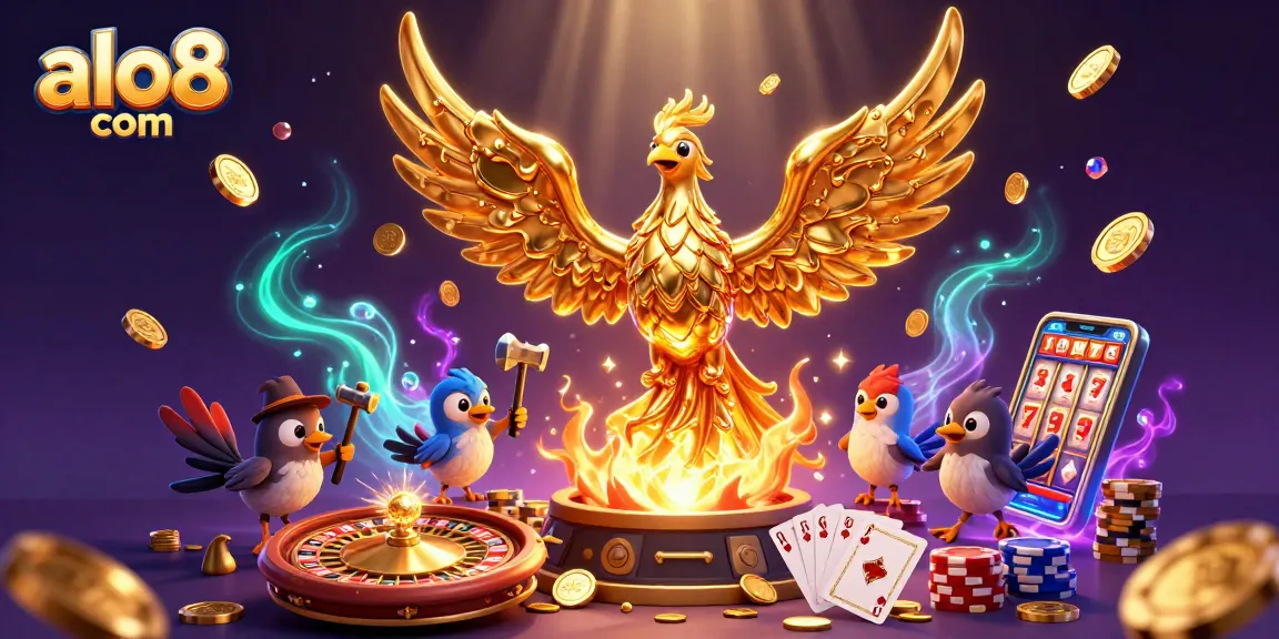 Experience exciting gameplay with ALO8 com's thrilling casino scene featuring a golden phoenix and prizes.