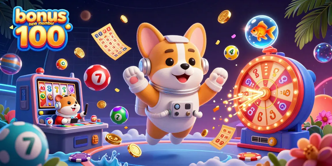 Win big with bonus new member 100 in this vibrant casino-themed illustration featuring interactive elements