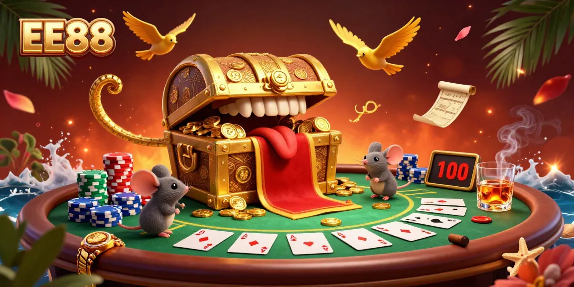 Engage with EE88's thrilling poker adventure featuring golden treasures surrounded by vibrant casino elements.