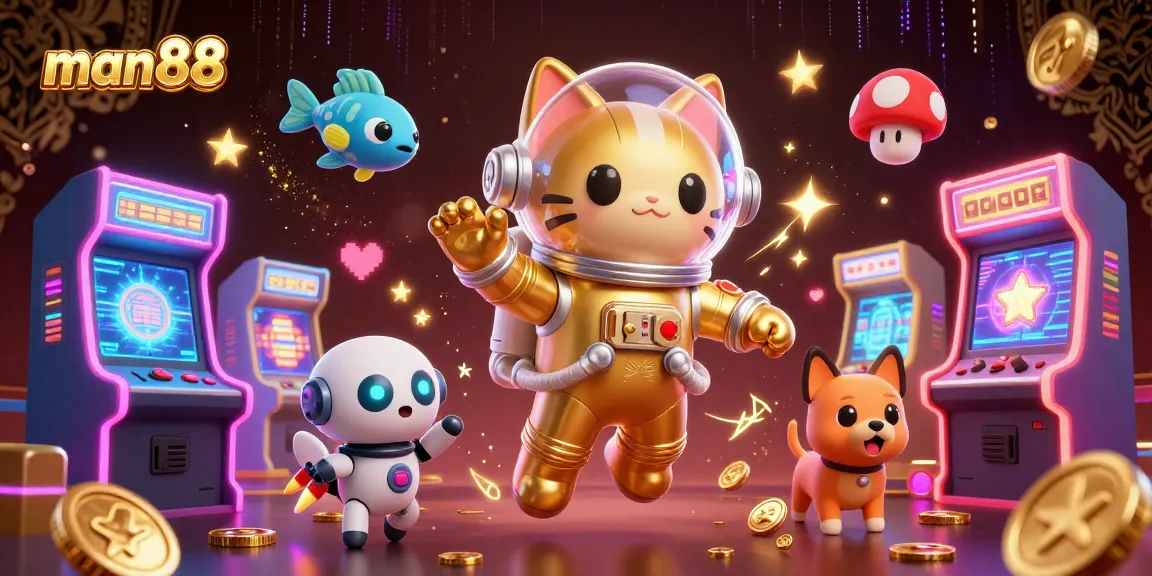 Join the man88 adventure with a space astronaut cat and robot dog in a vibrant casino universe.