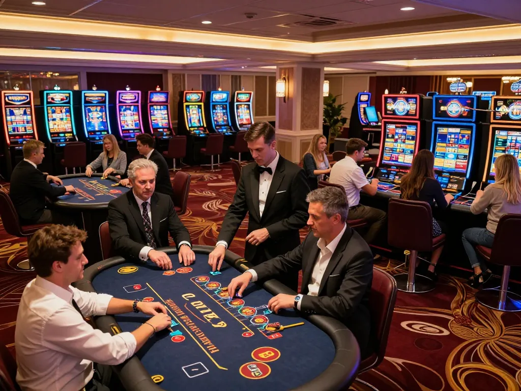 MM88 casino floor features players enjoying poker and roulette with vibrant atmosphere.