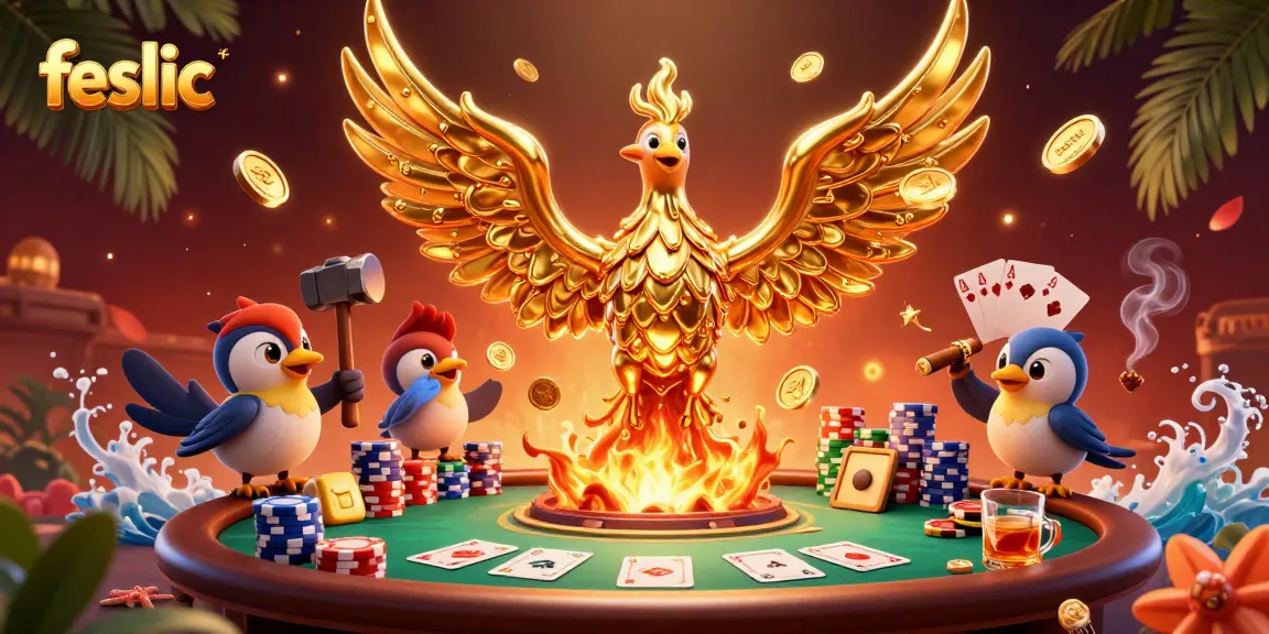 Experience feslic's vibrant gaming scene with a molten phoenix and poker action.