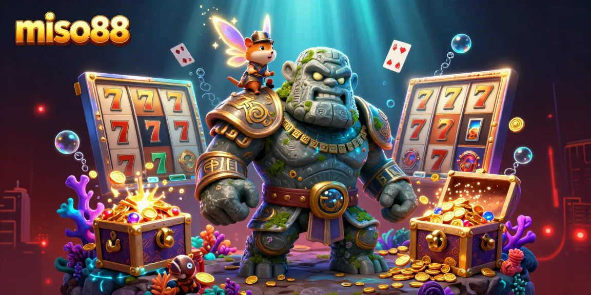 Experience the excitement of miso88 with a magical scene featuring a golem, fairy, and hamster knight enjoying vibrant slot games.