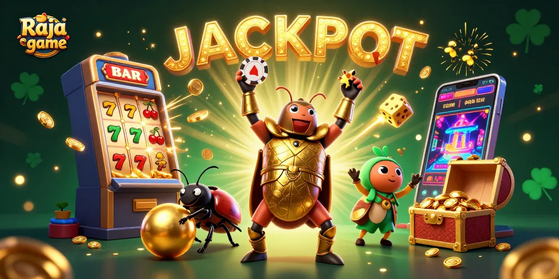 Experience excitement with Raja game as a victorious beetle lifts a poker chip amidst jackpot celebrations.