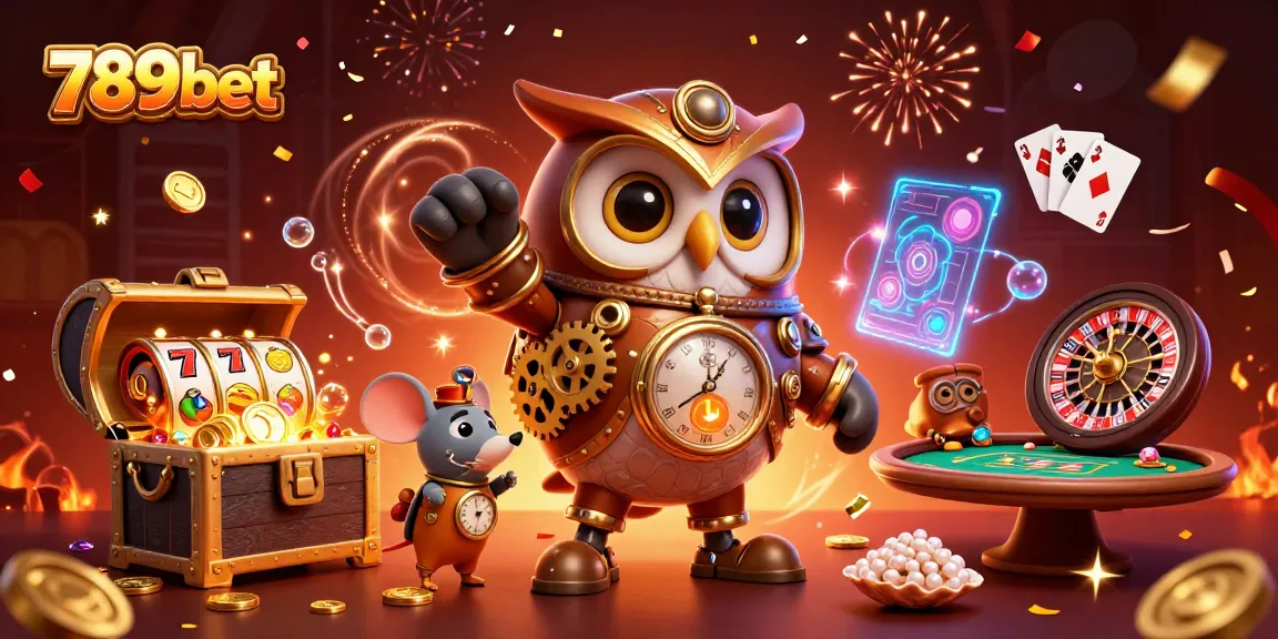 Experience the thrill of 789bet with a time-traveler owl and casino magic in a vibrant 3D scene.