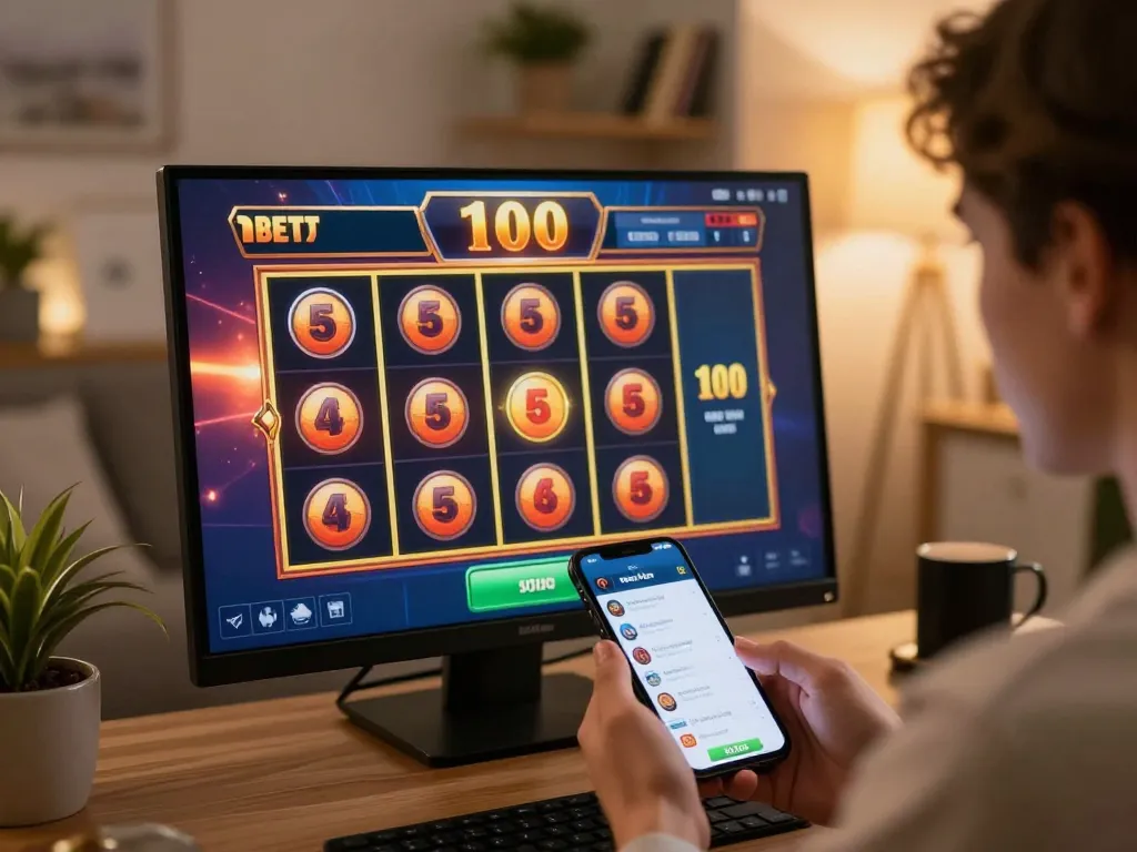 Engaging in slot bet 100 action on a mobile gaming app in a cozy home setting