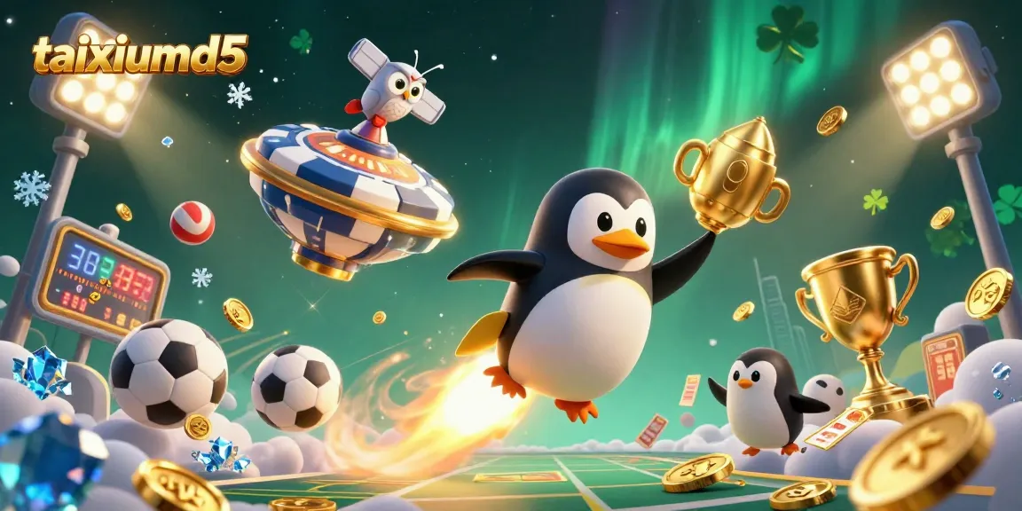 Engage in thrilling taixiumd5 play with our unique penguin, coins, and poker chip casino scene!