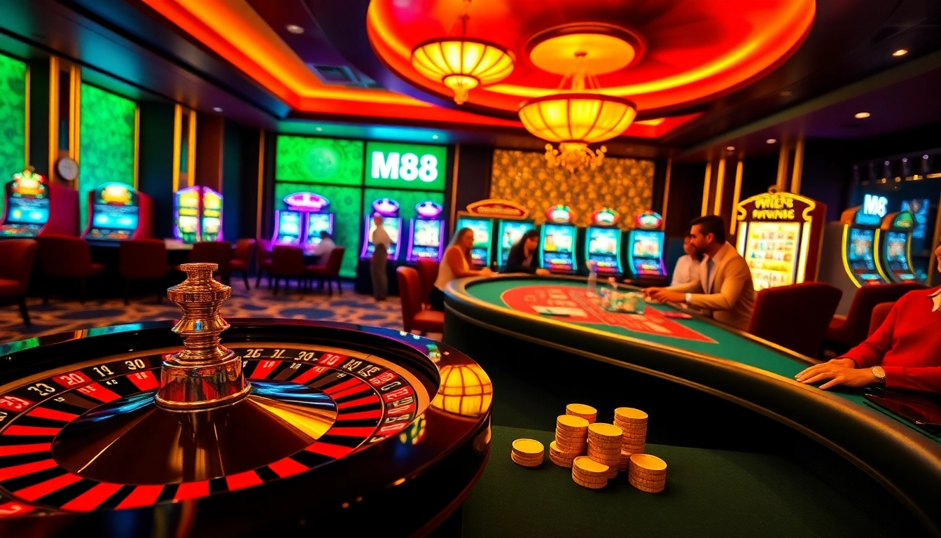 Players engaged at the M88 casino table, showcasing excitement in a luxury gambling environment.