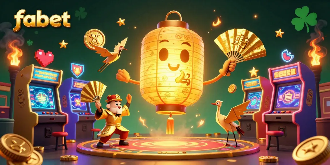 Spin and win at fabet with this vibrant casino-themed 3D illustration featuring characters and arcade elements.
