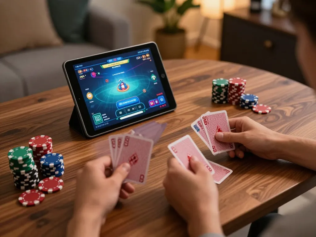 Engaging in online poker at home through 79kingz com on a stylish tablet.