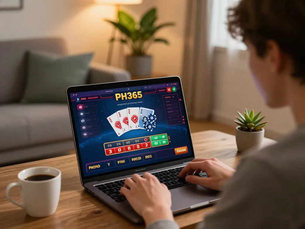 Player engaging with the PH365 online casino on a laptop in a cozy living room setting.