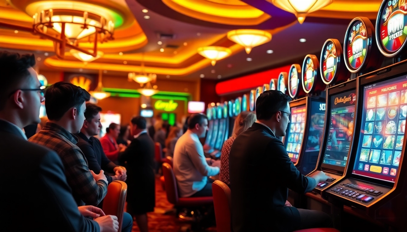 Spielen von casino online spiele in einem lebhaften Casino mit bunten Maschinen.