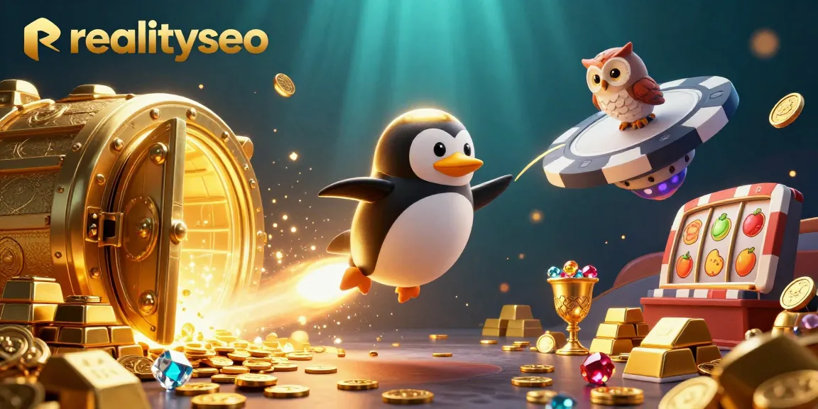 Experience gaming excitement with realityseo as a golden penguin soars toward a poker chip-shaped casino in vibrant 3D.