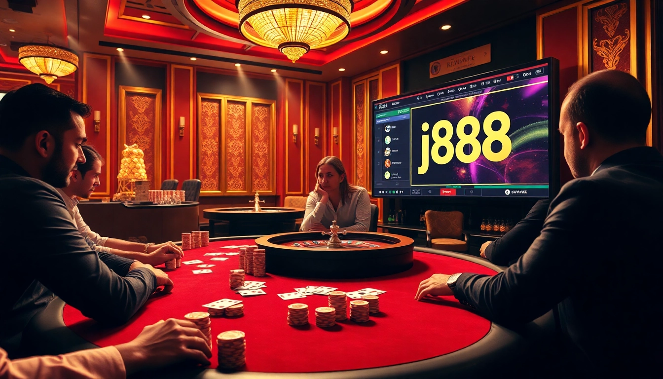 Experience thrilling action at a poker table featuring 'j88' chips, cards, and high-stake excitement.