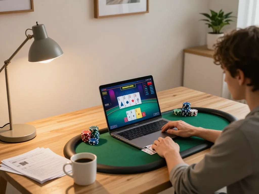 Person playing online poker on a laptop, showcasing 888 VI and a strategy setup