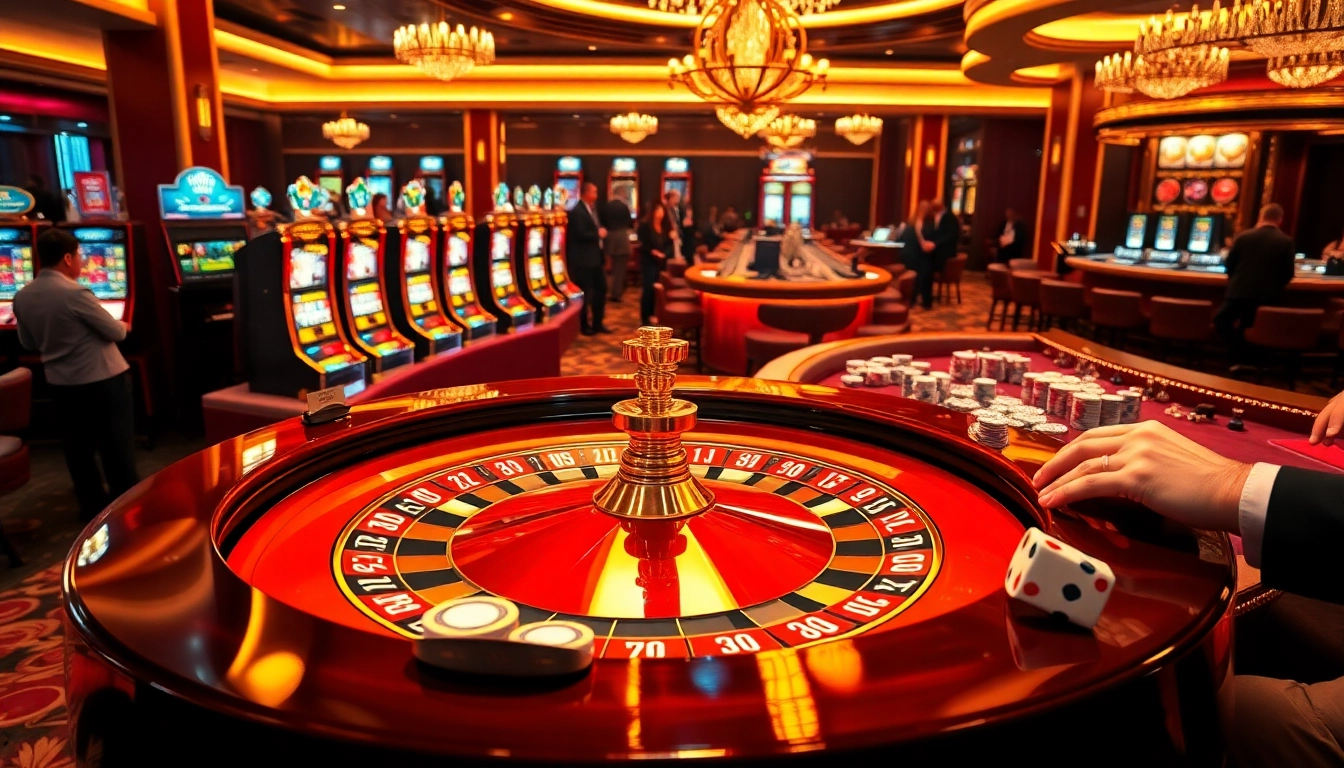 Experience the excitement of 6L777 with vibrant casino tables and players engaged in thrilling games.
