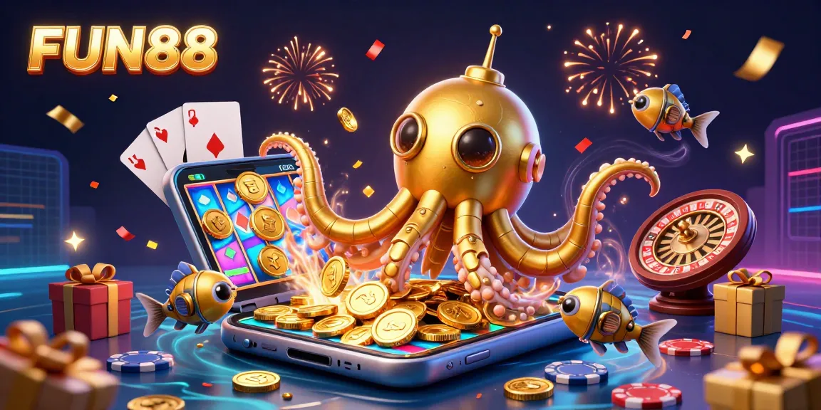 Spin and win at FUN88 with a vibrant underwater scene filled with slot games, golden coins, and festive elements.