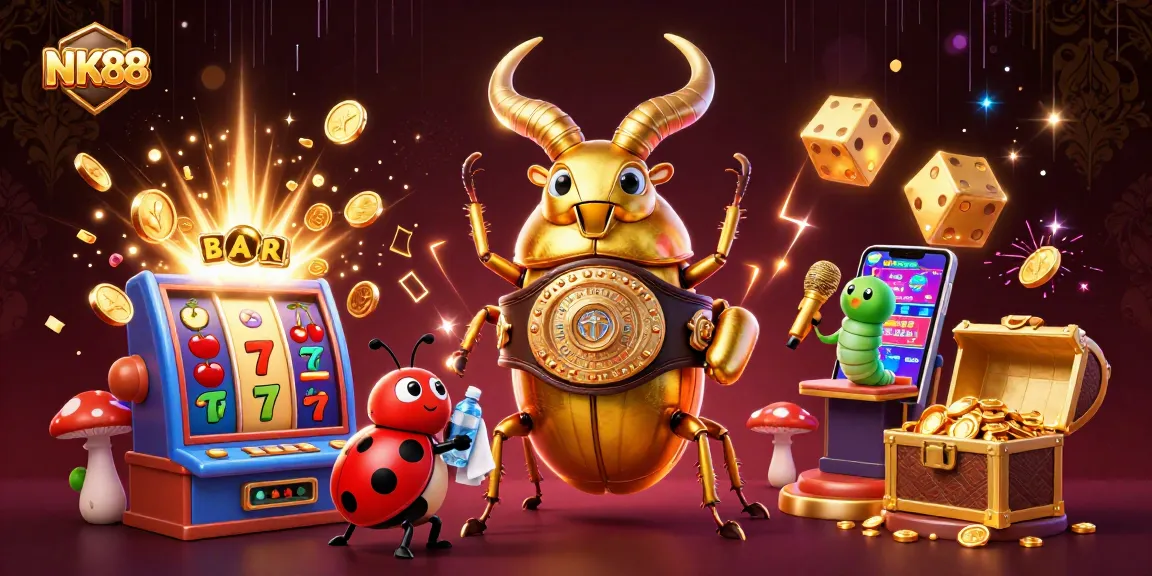 Win big with NK88's vibrant gaming action featuring a golden stag beetle in a boxing belt.