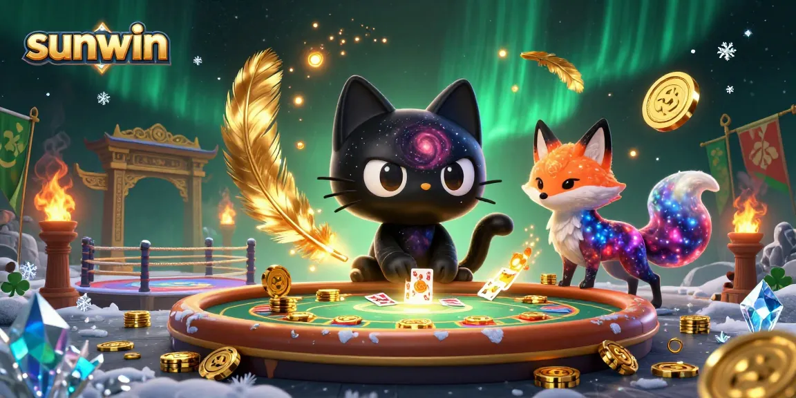 Experience thrilling action at sunwin's cosmic casino where characters draw in golden chips and cards.