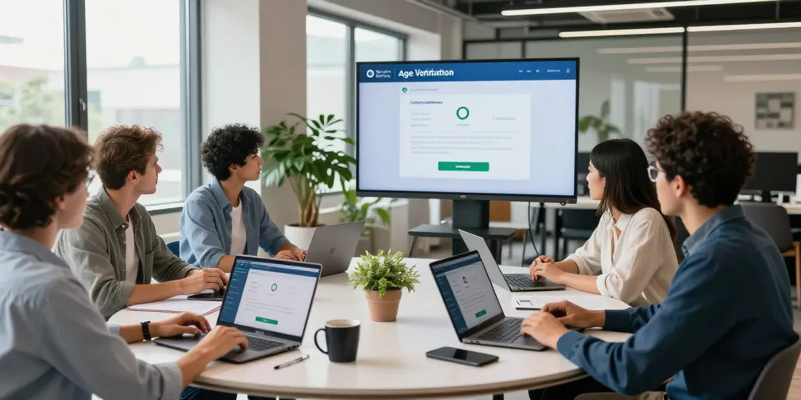 Innovative team discussing age verification system solutions in a modern office.