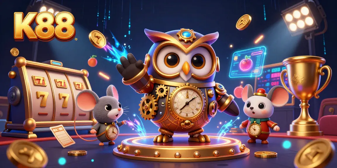 K88 slot reels spin as the steampunk owl and clockwork mouse celebrate wins in this vibrant casino illustration.