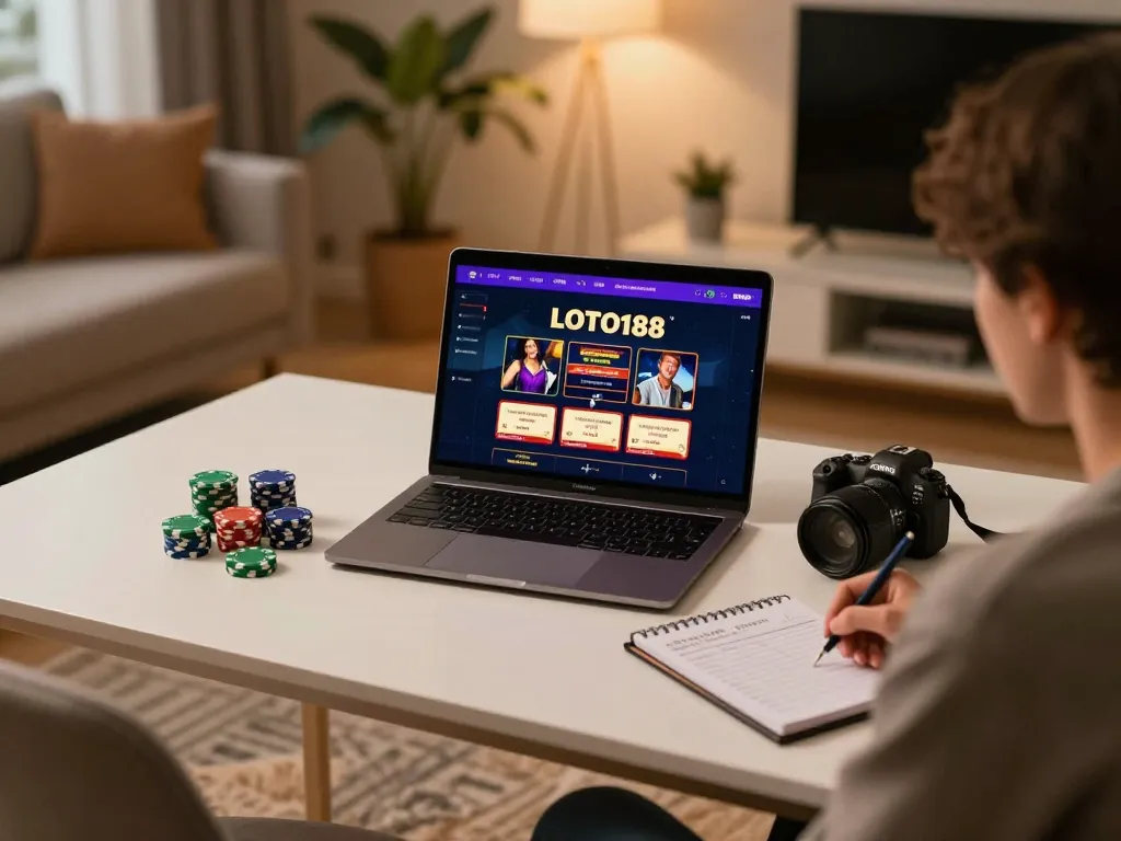 Engaging in LOTO188 online casino gaming with a laptop in a cozy home environment.