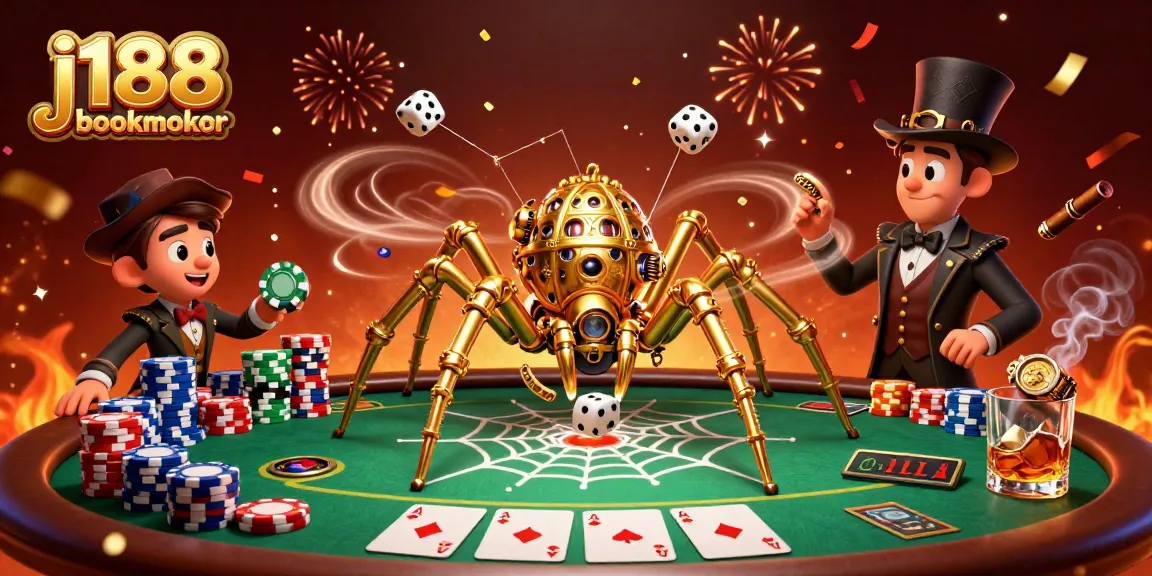 Experience the thrill at j188 bookmaker with a steampunk spider and poker elements in action.