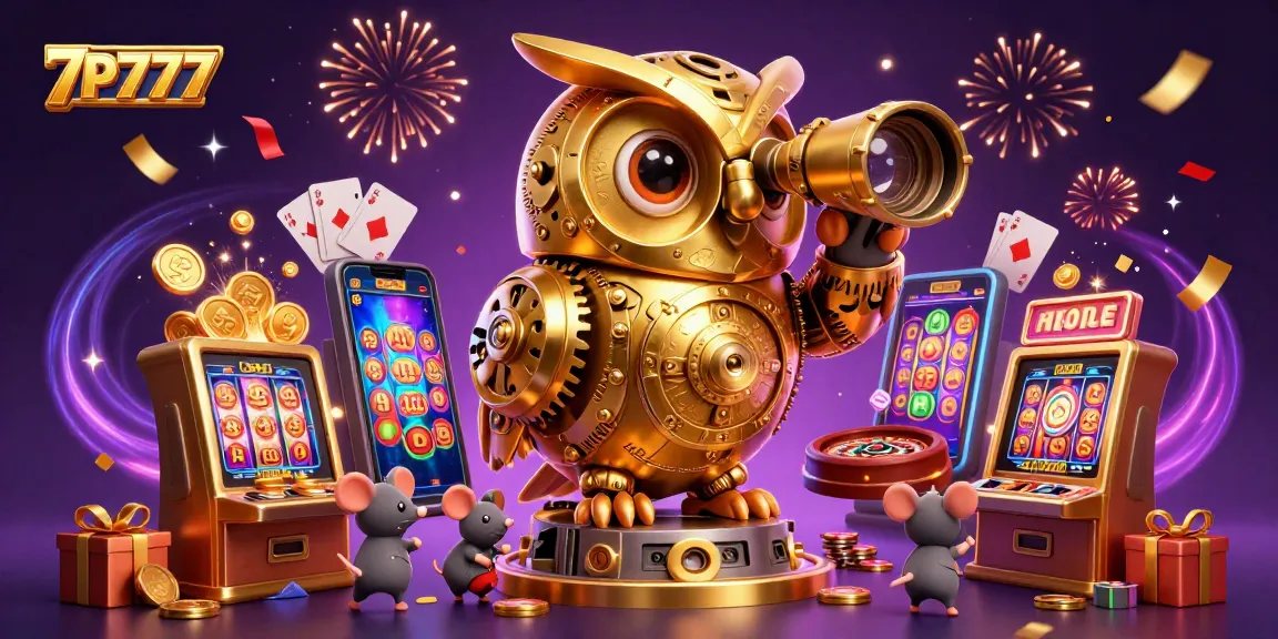Experience the excitement of 7P777 with a vibrant scene of a golden owl and slot games!