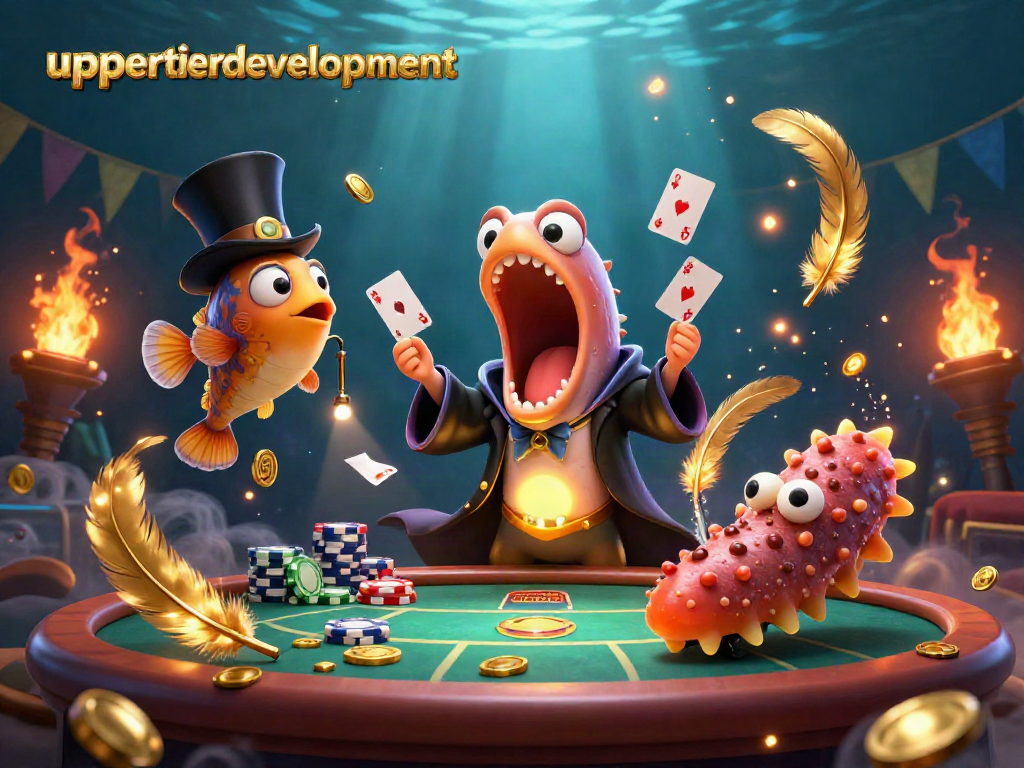 Gulper eel yang menyajikan trik kartu di bawah laut dalam uppertierdevelopment, ditampilkan dengan efek atmosferik taruhan