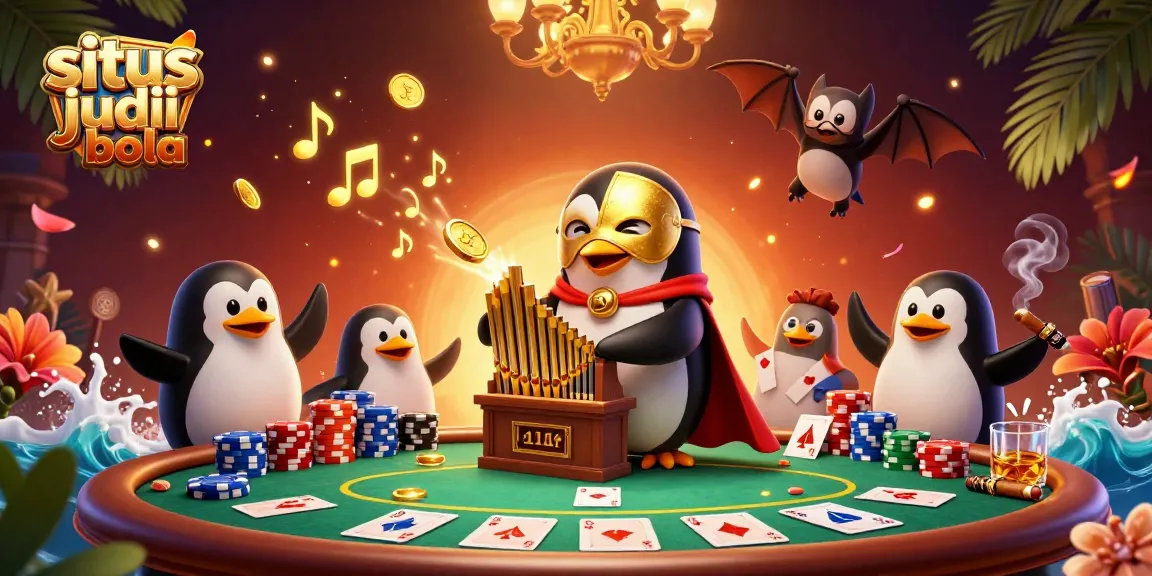 Experience exciting situs judi bola action with a thrilling 3D scene of a phantom penguin and poker elements.