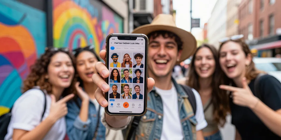 Person taking a selfie to find their celebrity look alike in a vibrant urban setting.