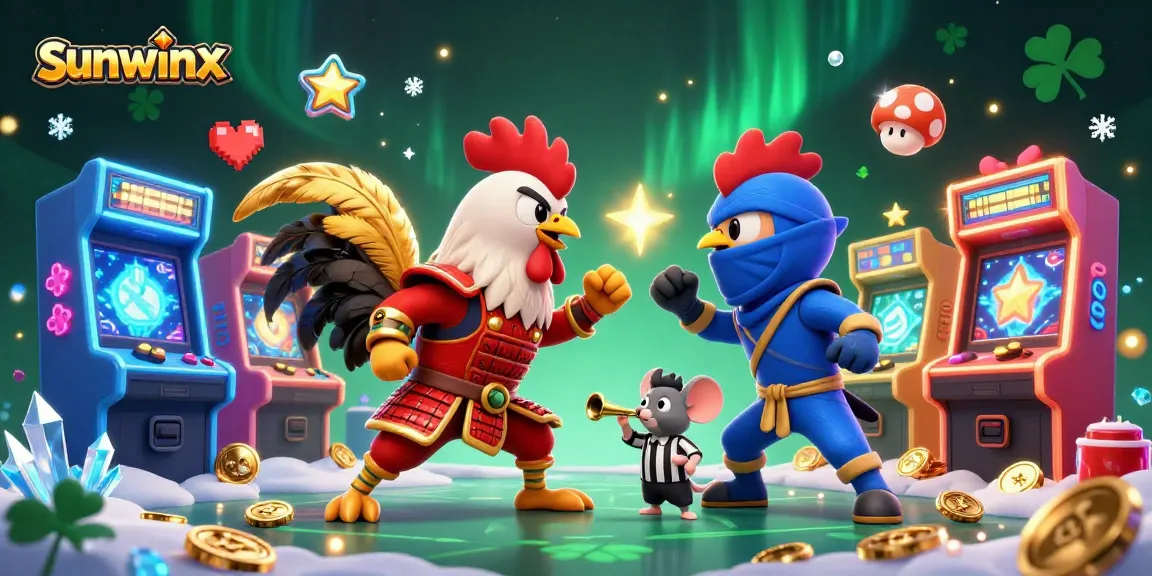 Engage with sunwinx as cartoon roosters duel in a vibrant casino scene filled with arcade games.
