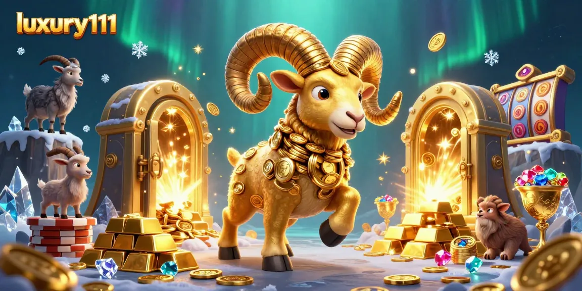Engage with luxury111 in a vibrant casino scene featuring a golden ram and slot machines
