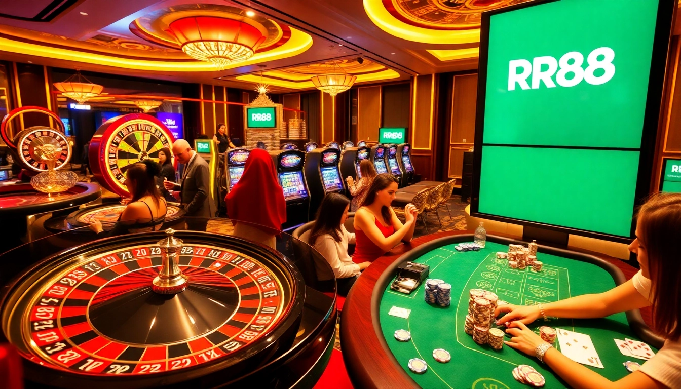 Players enjoying diverse games at RR88, showcasing an exciting casino atmosphere with roulette and slot machines.