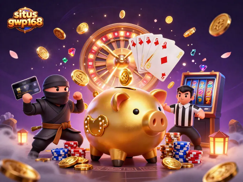 Mainkan situs gwp168 dalam ilustrasi kasino yang meriah, dipenuhi koin emas dan elemen permainan.