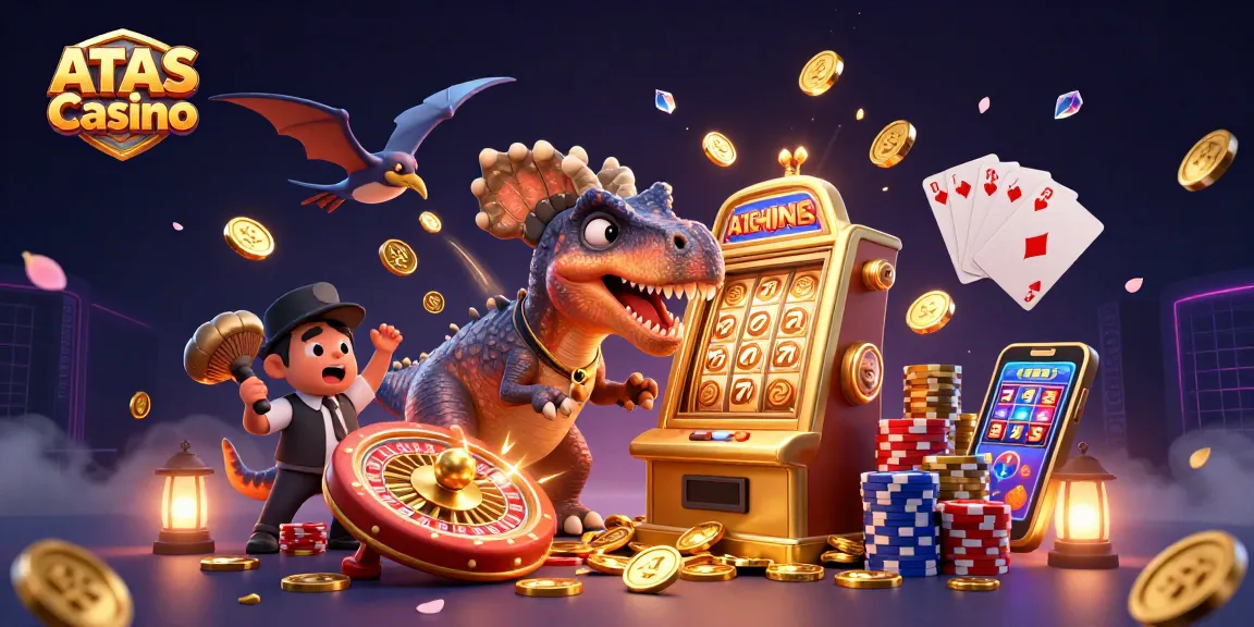 ATAS Casino features an exciting scene with cartoon dinosaurs playing slots and winning coins amidst vibrant casino elements.