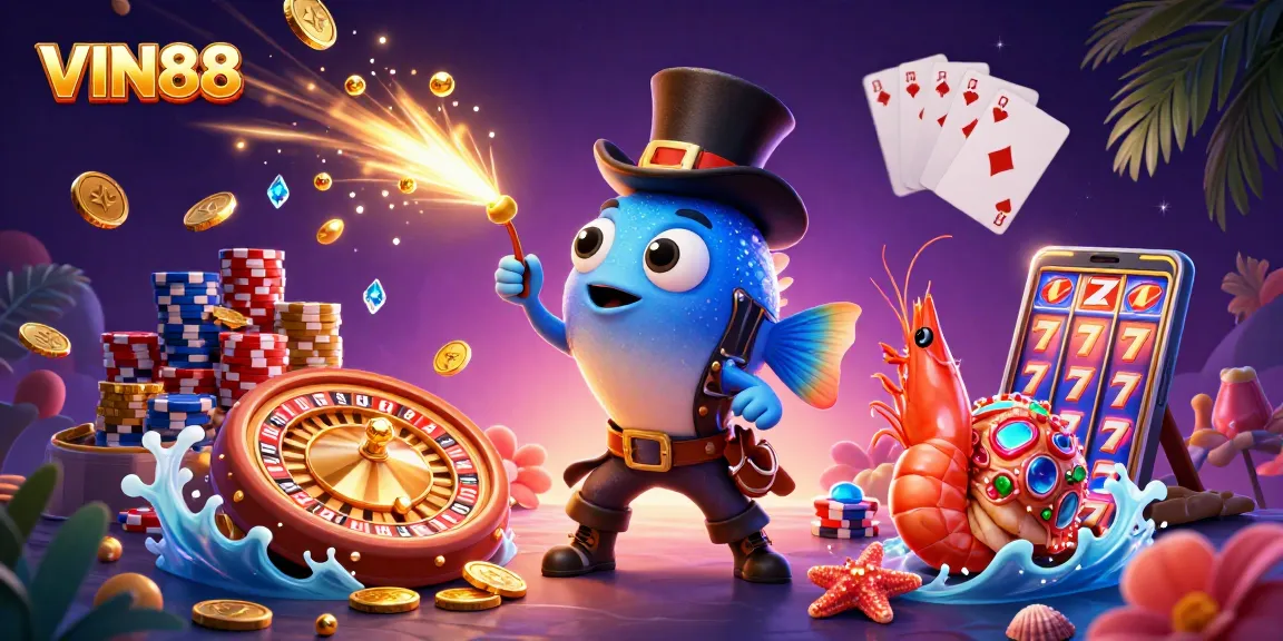 Win big at VIN88 with a vibrant 3D casino scene featuring animated characters and dynamic gambling elements.
