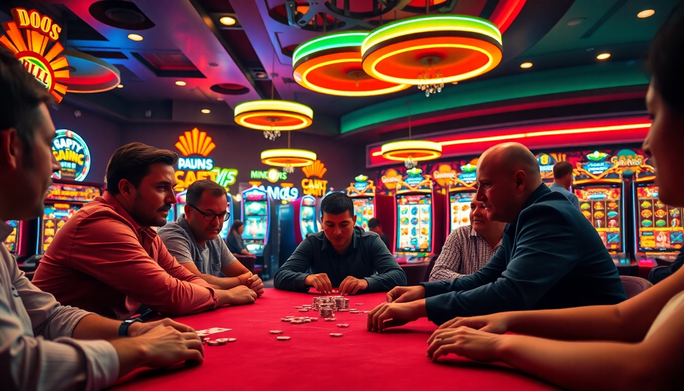 Arushoki dan suasana kasino, pemain poker yang terlibat dengan sorotan cahaya neon.