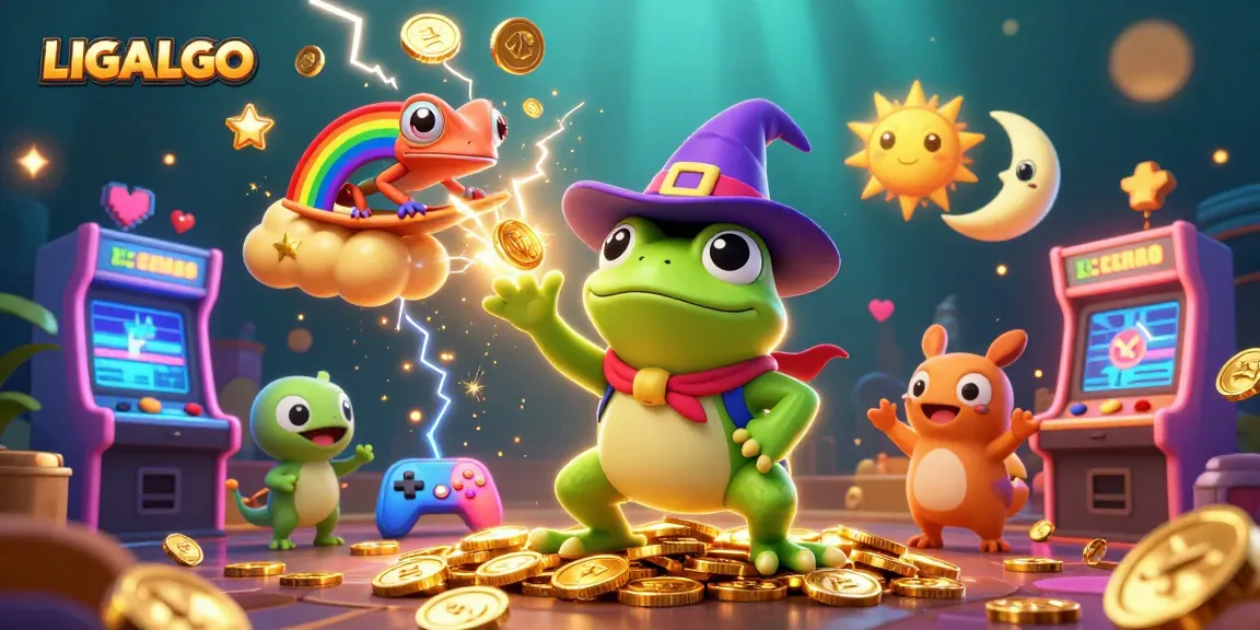 LIGALGO delivers a thrilling gaming experience with golden coins cascading from the weather wizard frog amidst vibrant casino elements.