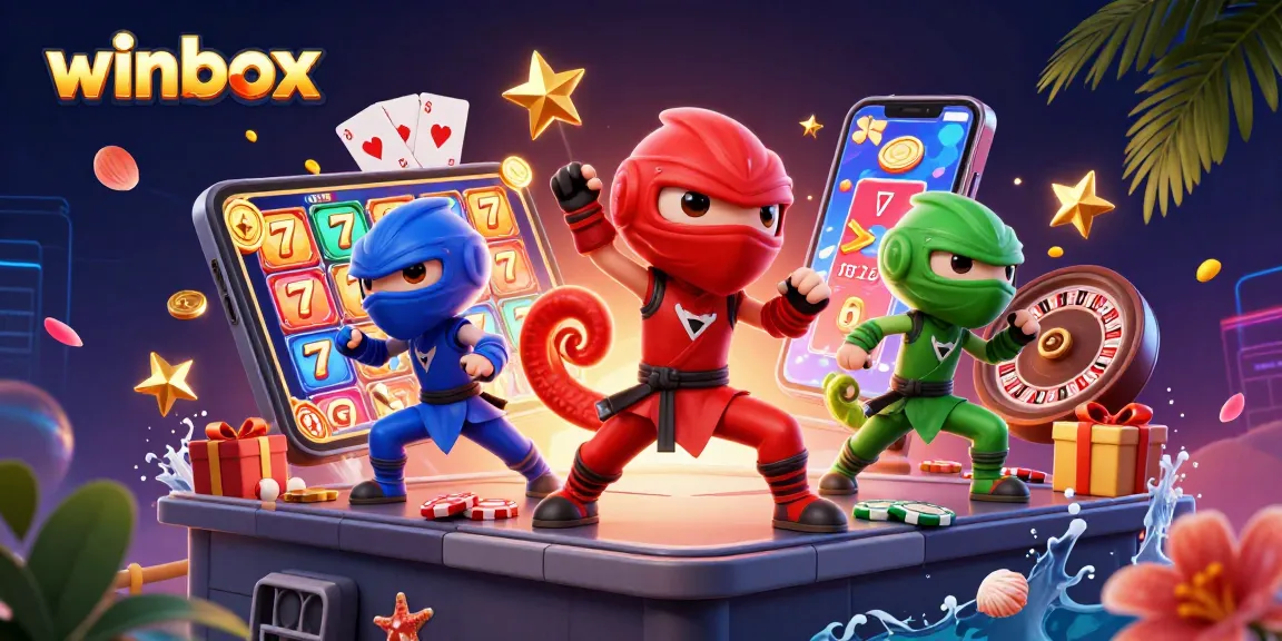Spin and win with winbox, a vibrant casino scene showcasing chameleon ninjas and colorful slot games.