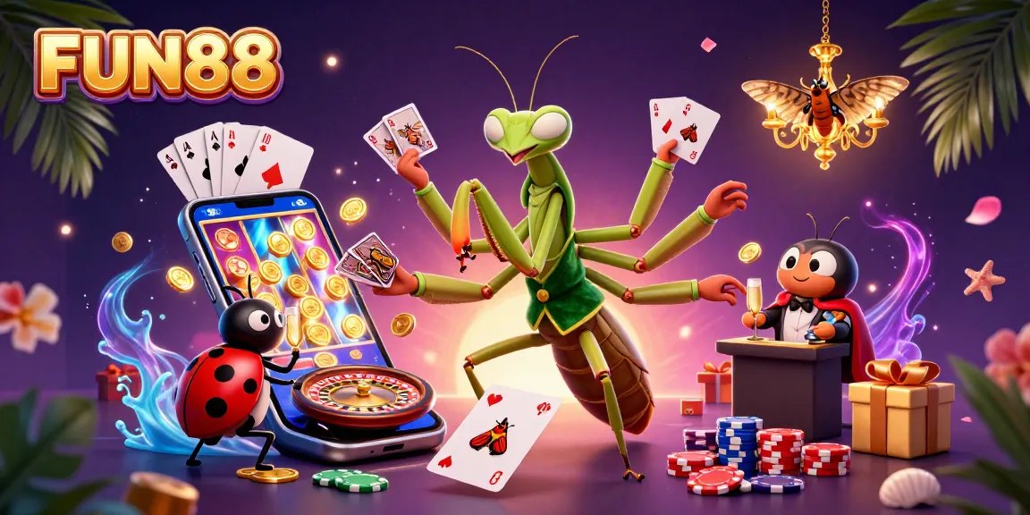 Join the energetic FUN88 scene with a mantis card sharp, ladybug pit boss, and exciting gaming elements.