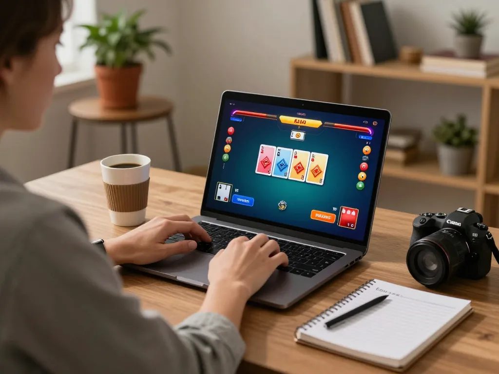 SUNWIN poker game interface displayed on a laptop in a cozy home setting, showcasing strategic gameplay.
